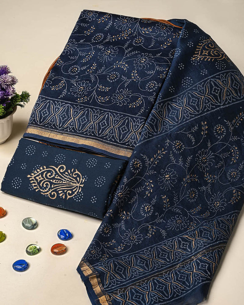 Premium Hand Block Gold And Khadi Printed Chanderi Silk Suit Set(BSCH09)