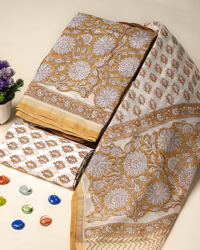 Exclusive Hand Block Gold And Khadi Printed Chanderi Silk Suit Set(BSCH03)