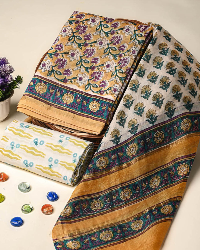 Exclusive Hand Block Gold And Khadi Printed Chanderi Silk Suit Set(BSCH05)