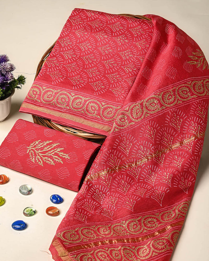Exclusive Hand Block Gold And Khadi Printed Chanderi Silk Suit Set(BSCH06)