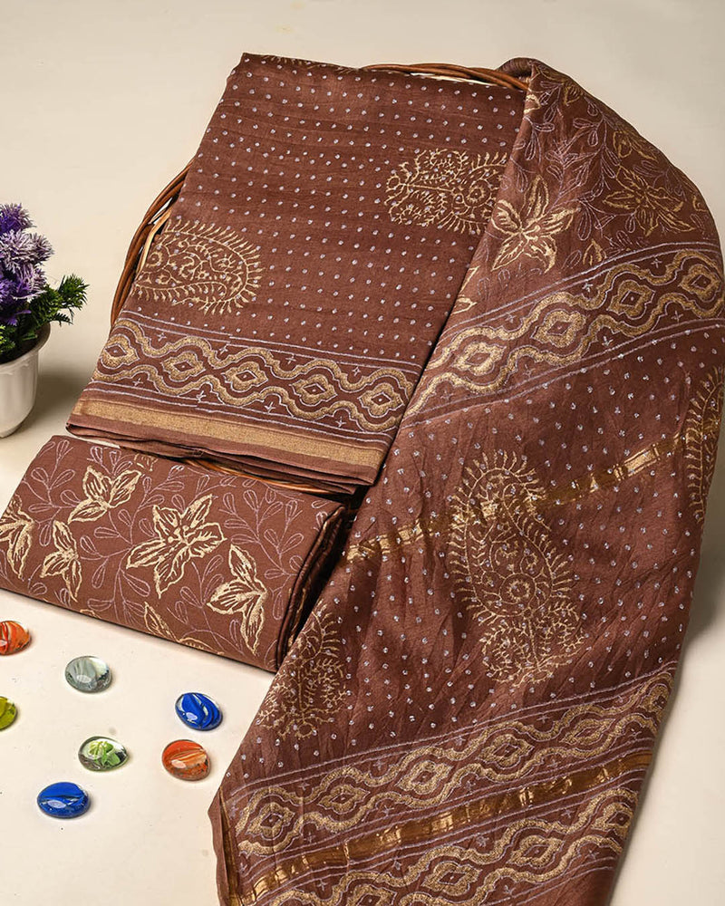 Exclusive Hand Block Gold And Khadi Printed Chanderi Silk Suit Set(BSCH07)