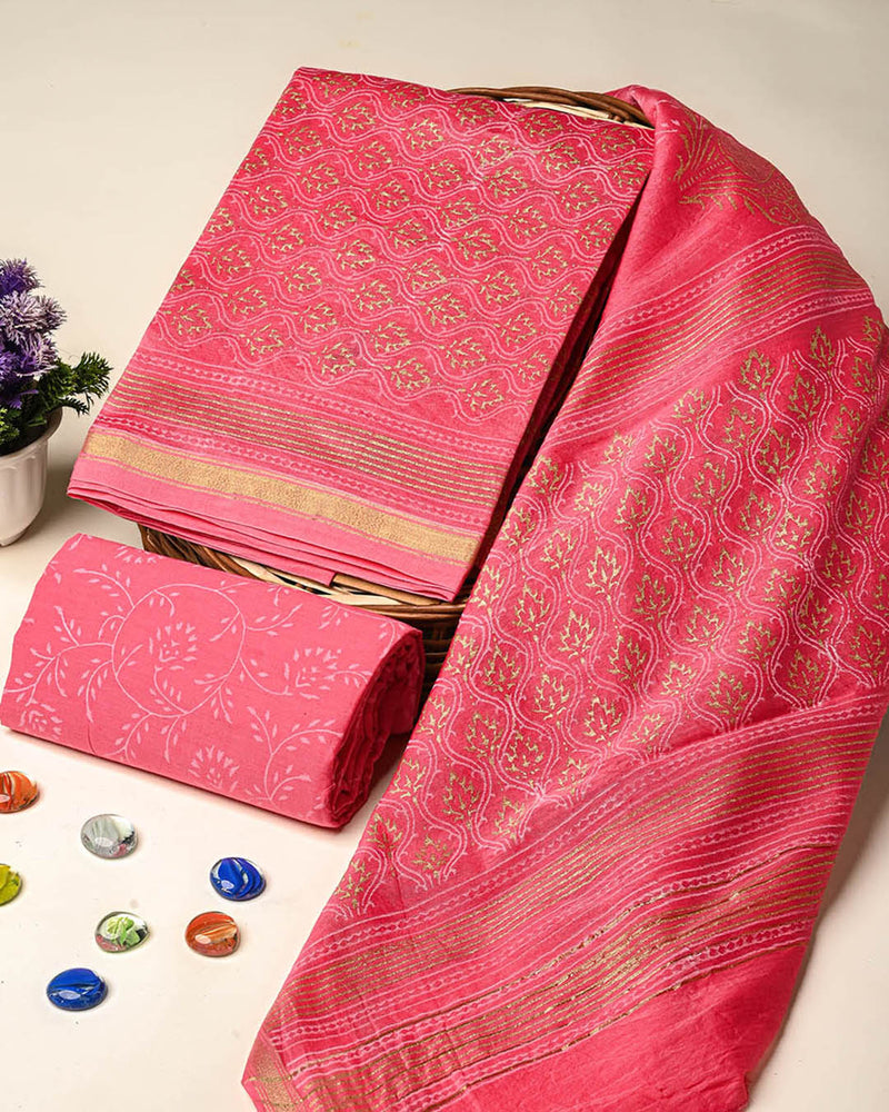 Premium Hand Block Gold And Khadi Printed Chanderi Silk Suit Set(BSCH08)