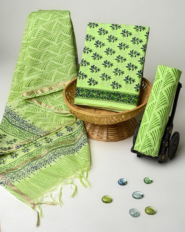 New Green Hand Block Printed Cotton Suit With Chnaderi Dupatta BSCD05
