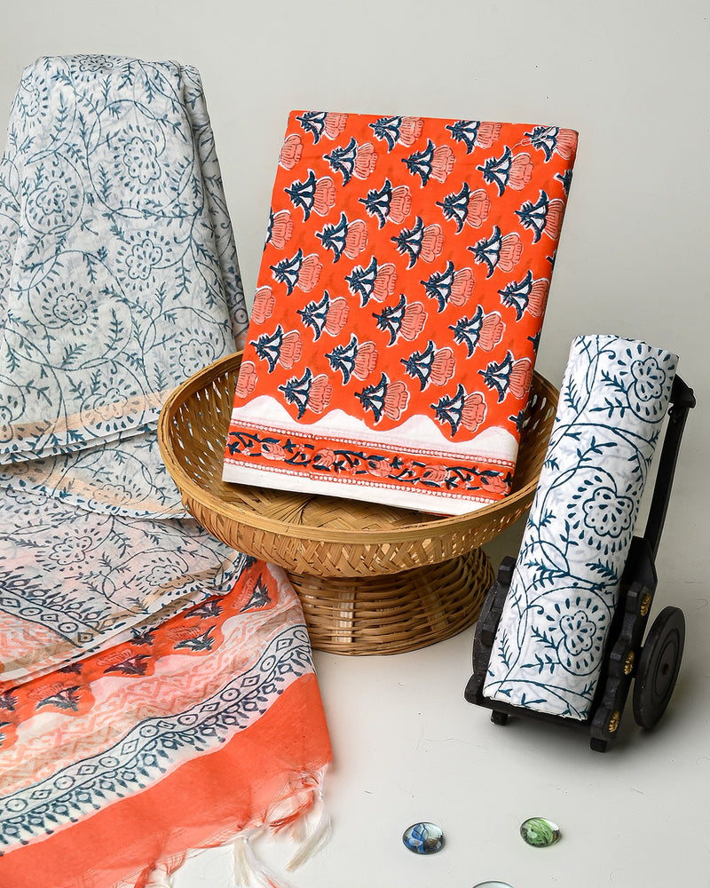 Hand Block Printed Cotton Suit With Chnaderi Dupatta BSCD19