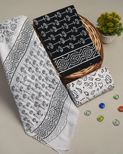 Elegant White & black Printed Cotton Suit With Chiffon Dupatta (BSCOTCH47)