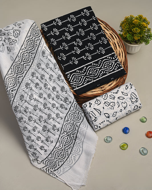 Elegant White & black Printed Cotton Suit With Chiffon Dupatta (BSCOTCH47)