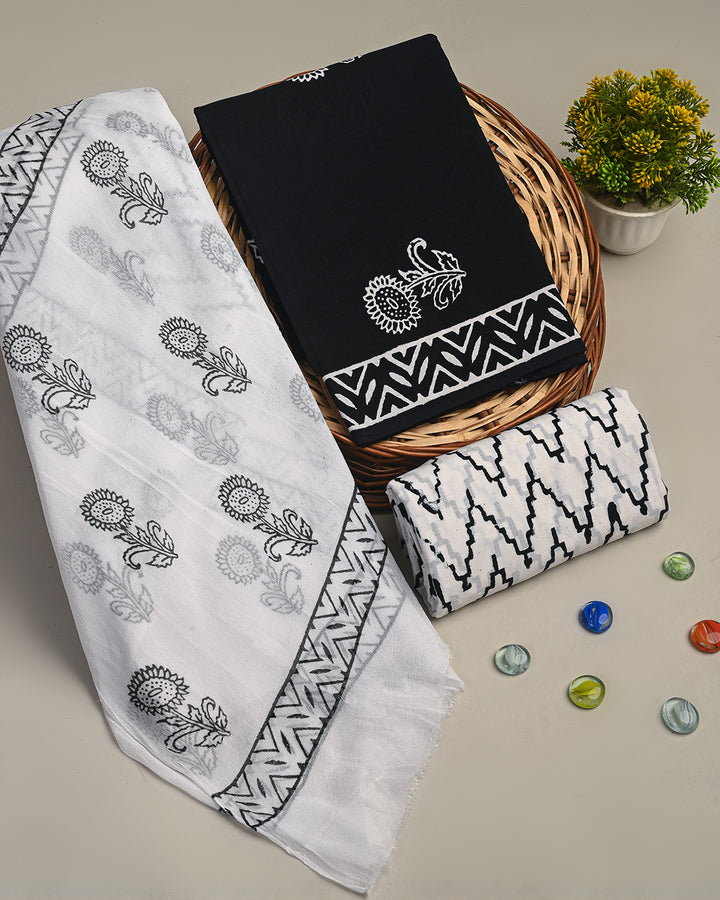 Premium White & black Hand Printed Cotton Suit With Chiffon Dupatta (BSCOTCH58)