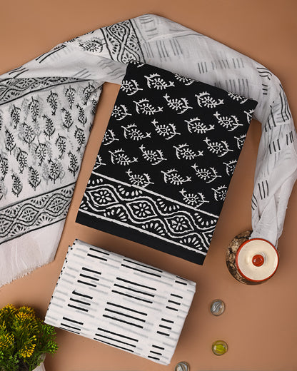 Traditional Black & White Sanganeri Rapid Printed Cotton Suit With Chiffon Dupatta CFCOTCH32