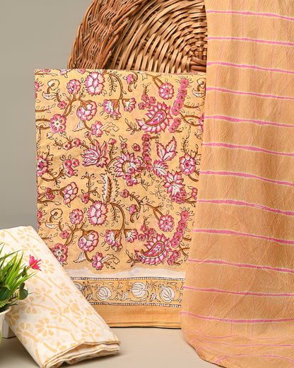 New Yellow Sanganeri Printed Cotton Suit With Chiffon Dupatta CFCOTCH09