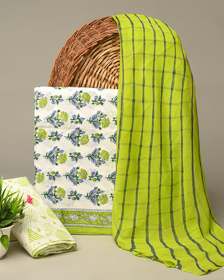 Premium Green Hand Block Sanganeri Print Cotton Suit With Chiffon Dupatta (BSCOTCH20)
