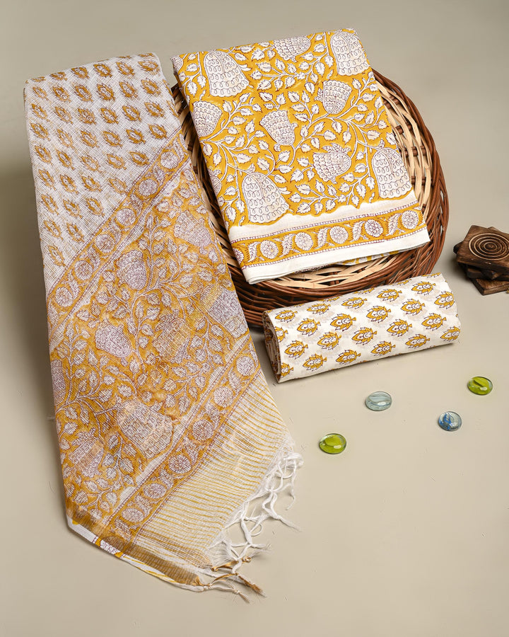 Yellow - 3pc Sanganeri Block Printed Cotton Unstitched Suit Material with Kota Doria Dupatta 14