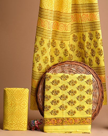 Premium Yellow Hand Block Printed Cotton Suit With Cotton Duptta CFCOTMU27