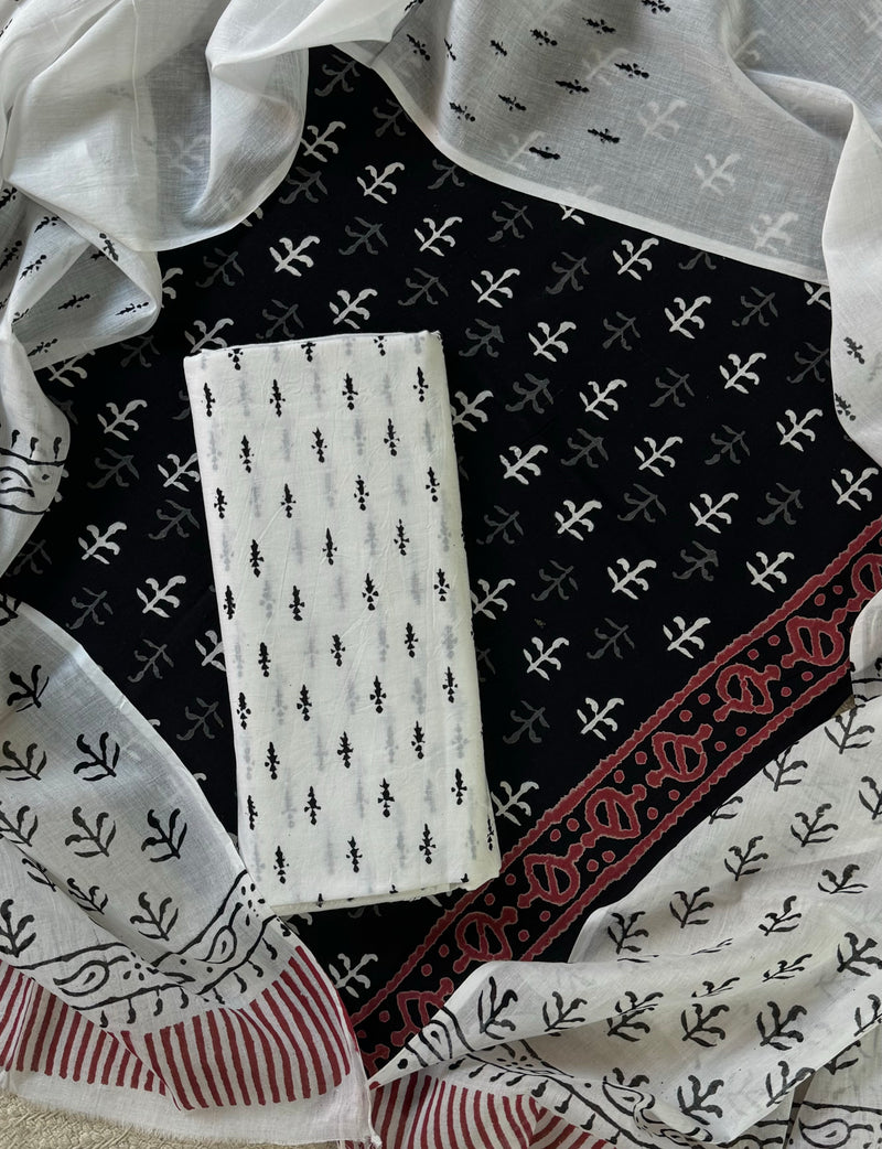 Premium Black & White Hand Block Printed Cotton Suit With Cotton Dupatta (COCOTMU18)