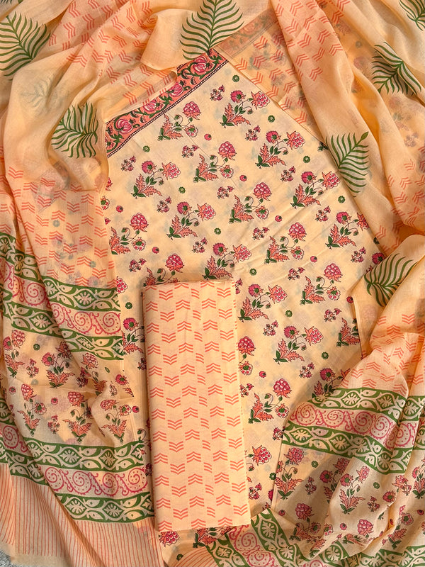 Premium Peach Hand Block Printed Cotton Suit With Cotton Dupatta (COCOTMU16)