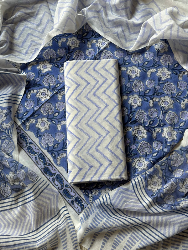 Premium White and Blue Floral Hand Block Printed Cotton Suit With Cotton Dupatta (BSCOTMU50)