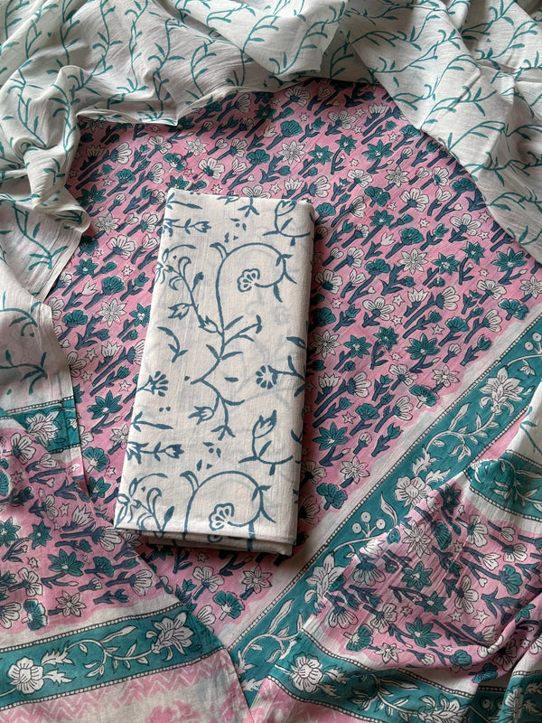 Premium White and Blue Floral Hand Block Printed Cotton Suit With Cotton Dupatta (BSCOTMU25)