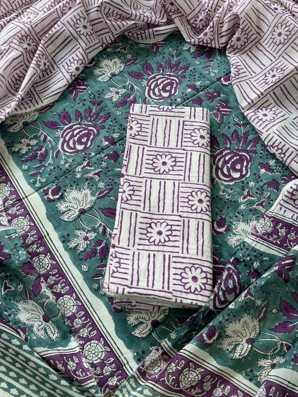 Premium White and Blue Floral Hand Block Printed Cotton Suit With Cotton Dupatta (BSCOTMU47)