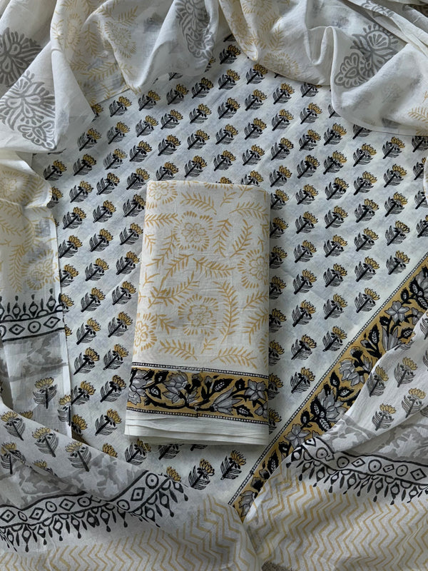 Premium White and Blue Floral Hand Block Printed Cotton Suit With Cotton Dupatta (BSCOTMU26)