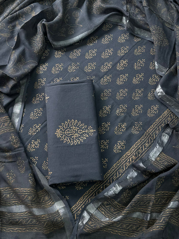 New Hand Block Printed Cotton Suit With Linen Dupatta BSLID15