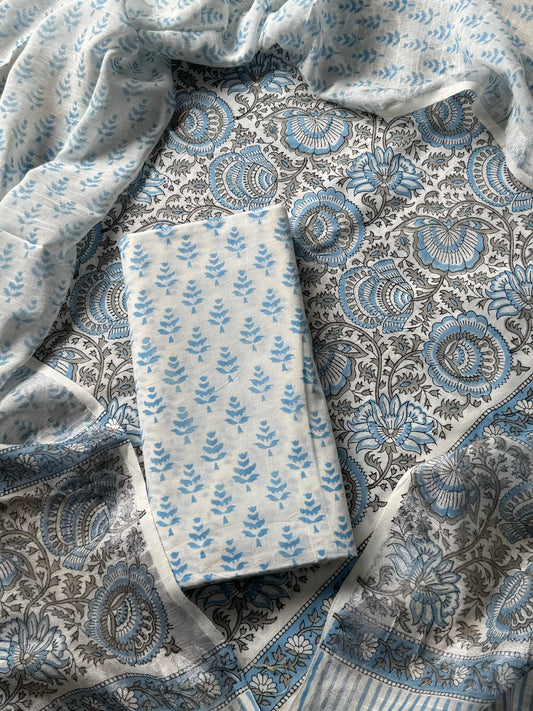 New Hand Printed Cotton Suit With Linen Dupatta BSLID07