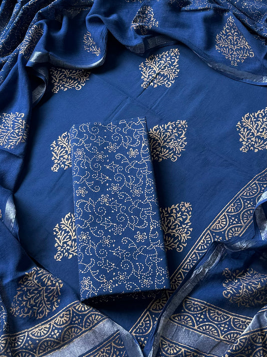 Premium Hand Block Printed Cotton Suit With Linen Dupatta BSLID11