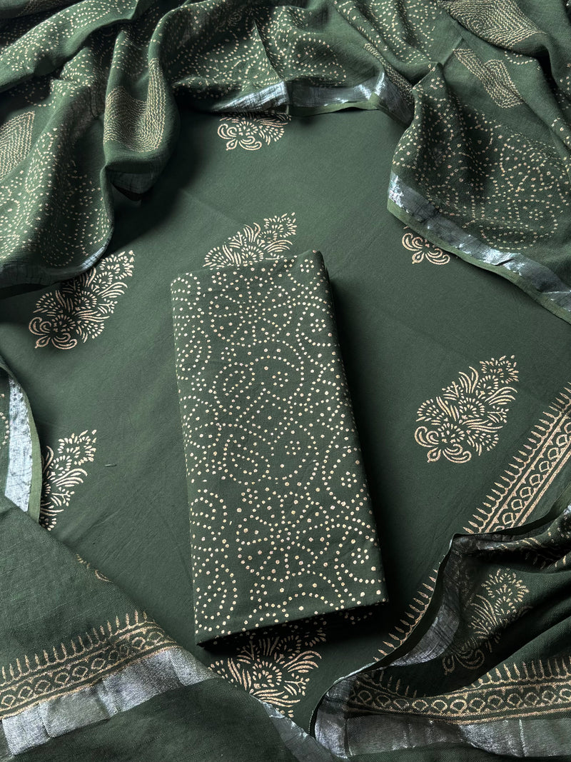 Premium Hand Block Printed Cotton Suit With Linen Dupatta BSLID14
