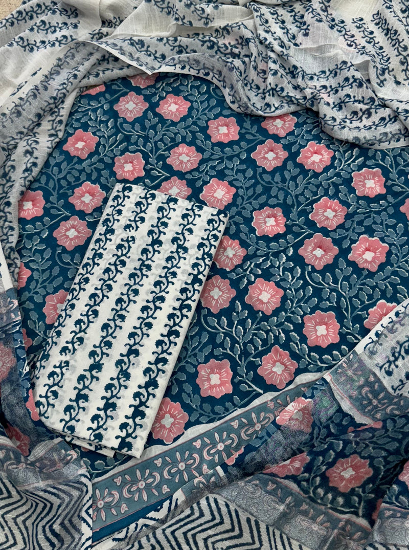 New Hand Printed Cotton Suit With Linen Dupatta BSLID40