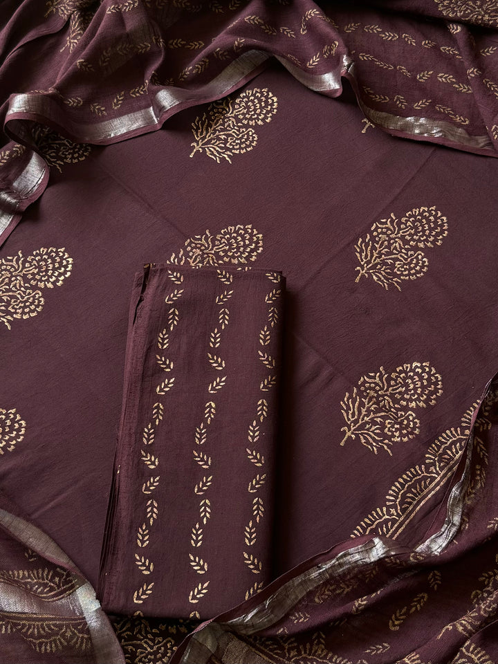 New Hand Block Printed Cotton Suit With Linen Dupatta BSLID12
