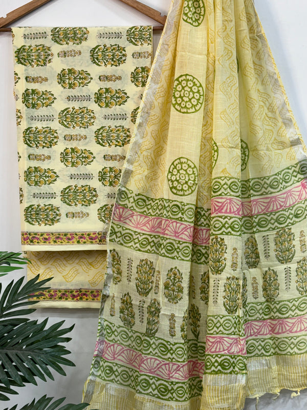 Yellow Hand Block Printed Cotton Suit With Linen Dupatta BSLID23