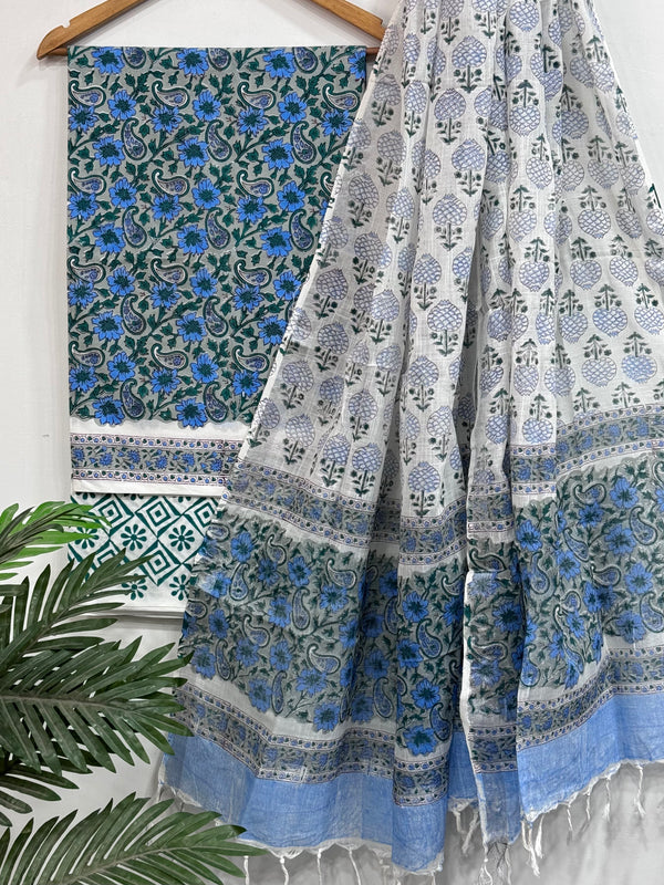 Blue and White Hand Block Printed Cotton Suit With Linen Dupatta BSLID37