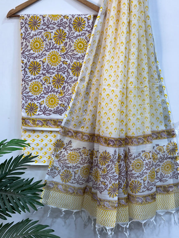 Yellow Hand Block Printed Cotton Suit With Linen Dupatta BSLID03