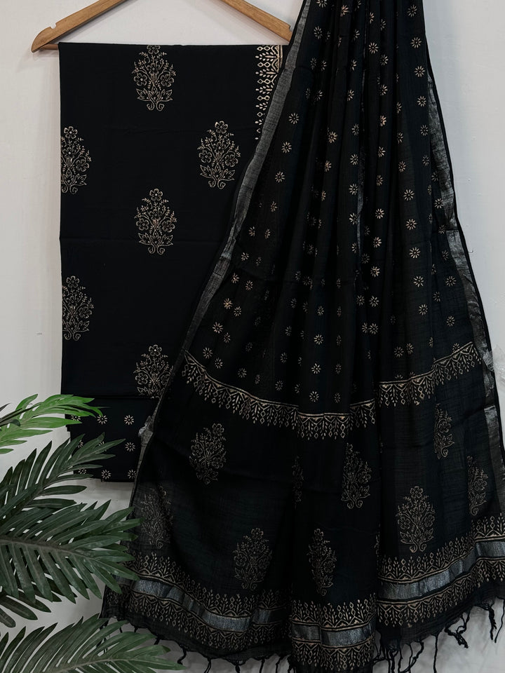 Premium Black Hand Block Printed Cotton Suit With Linen Dupatta BSLID09