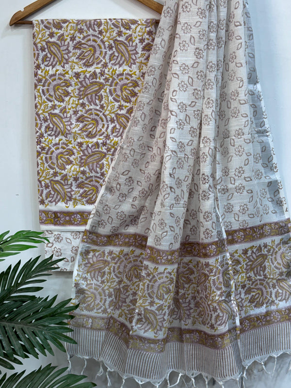 Yellow and White Hand Block Printed Cotton Suit With Linen Dupatta BSLID06