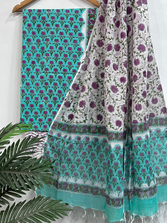 New Green with Red Hand Block Printed Cotton Suit With Linen Dupatta BSLID39
