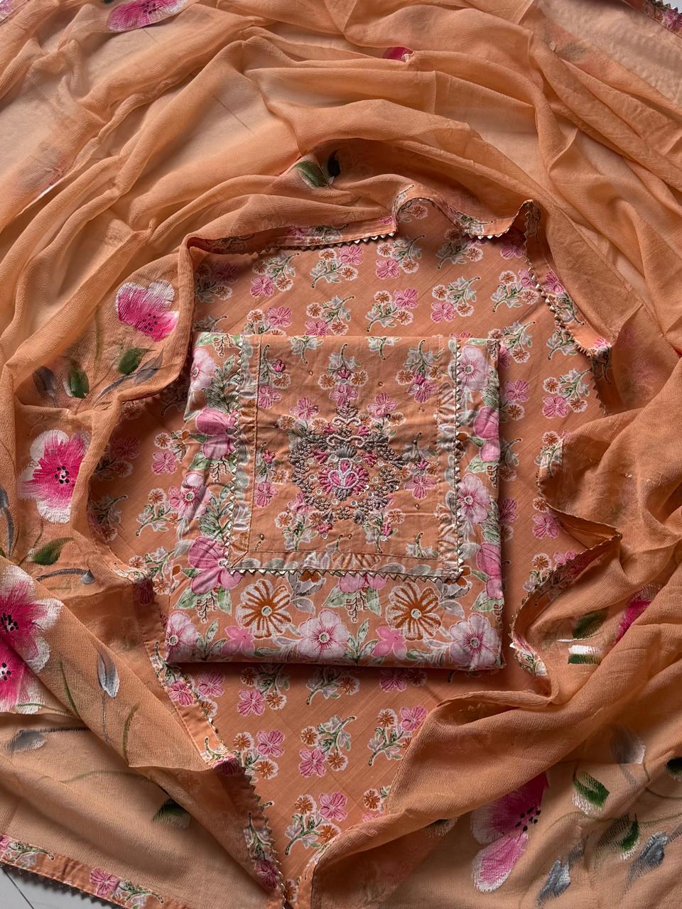 Premium Printed Gotapatti Unstitched Cotton Suit With Chiffon Dupatta (BSGP02)
