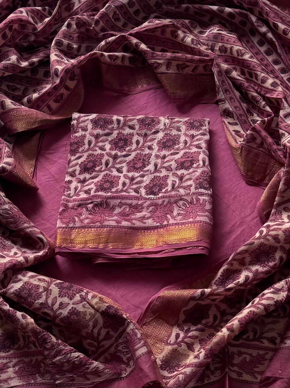 Maheshwari Silk Ajrakh Suits In Vanaspati Pomegranate Peel Dye ( BSAJ08 )
