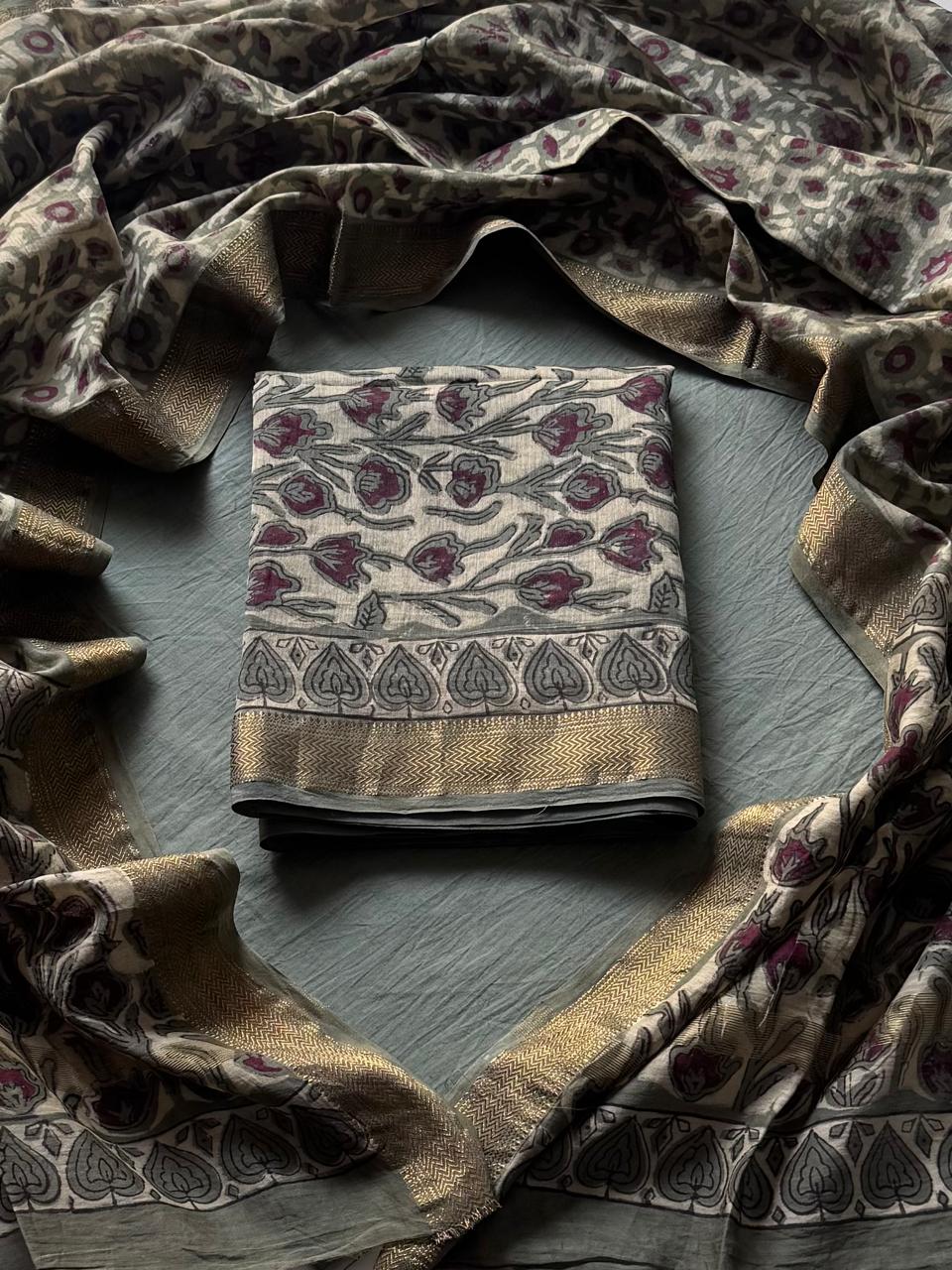 Pomegranate Peel Dyed Vanaspati Ajrakh Maheshwari Silk Suit Sets ( BSAJ14 )