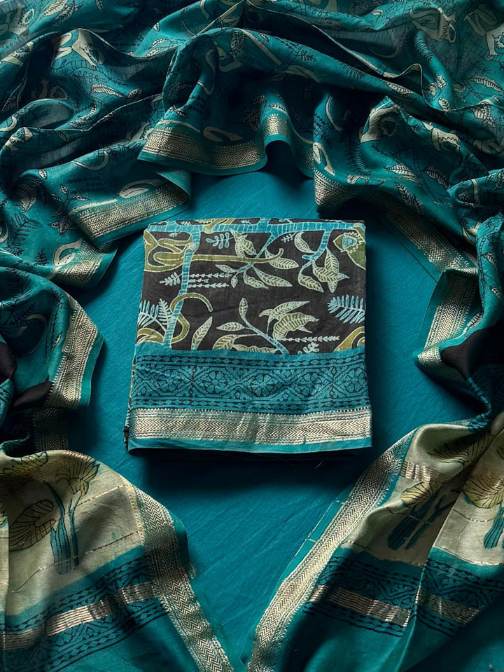 Pomegranate Peel Dyed Vanaspati Ajrakh Maheshwari Silk Suit Sets ( BSAJ12 )