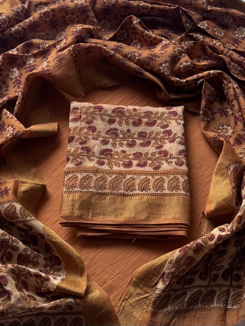 Pomegranate Peel Dyed Vanaspati Ajrakh Maheshwari Silk Suit Sets ( BSAJ13 )