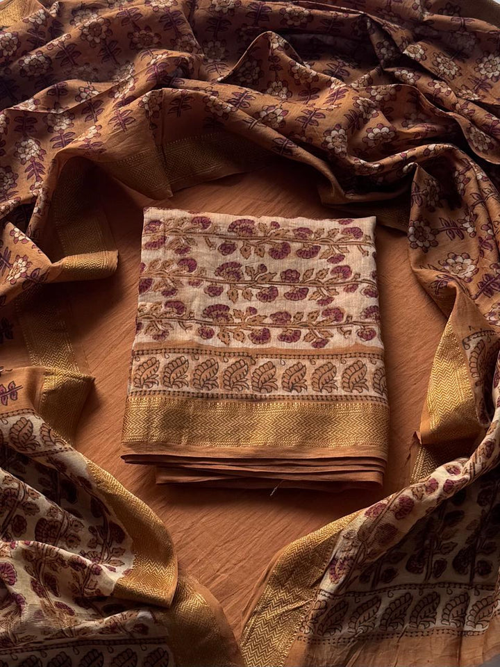 Pomegranate Peel Dyed Vanaspati Ajrakh Maheshwari Silk Suit Sets ( BSAJ13 )