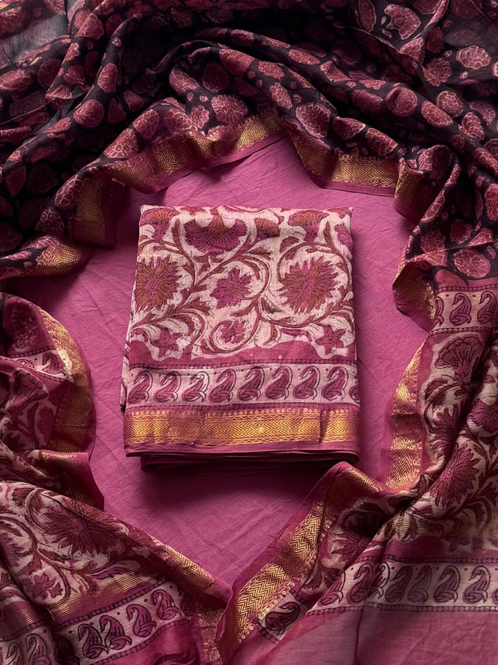 Pomegranate Peel Dyed Vanaspati Ajrakh Maheshwari Silk Suit Sets ( BSAJ15 )