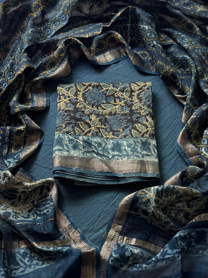 Vanaspati Ajrakh Pomegranate Dye Maheshwari Silk Suit Sets ( BSAJ17 )