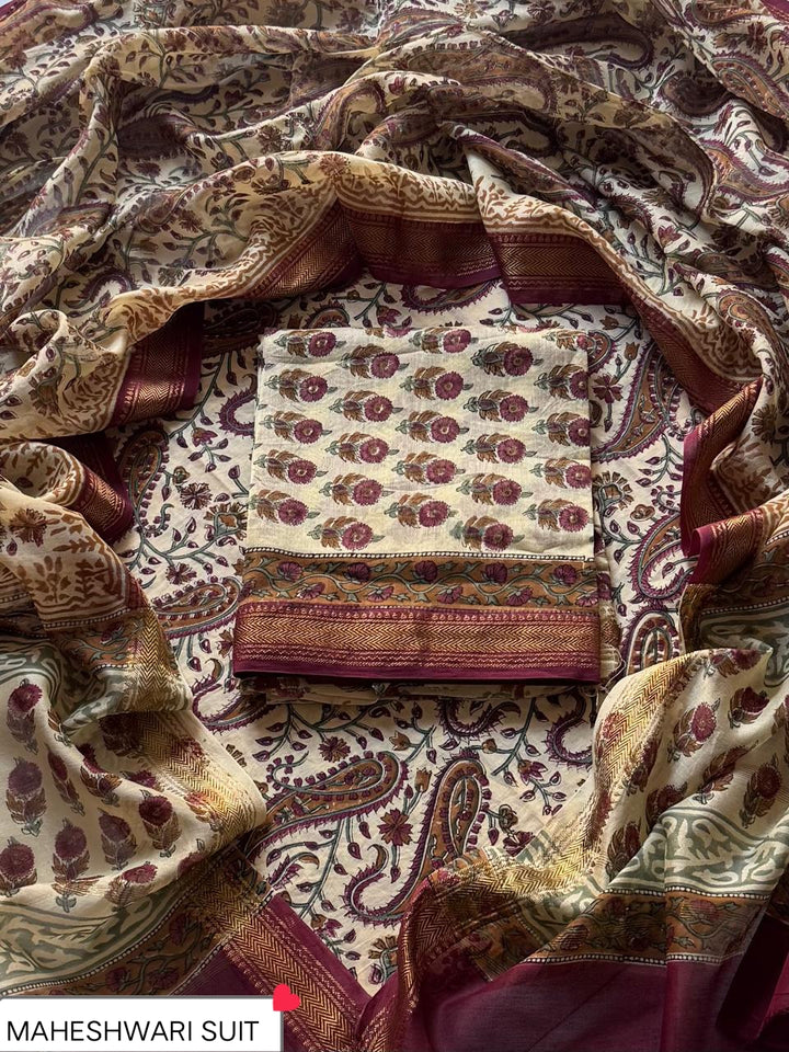 Premium Bagru Print Maheshwari Unstitched  Silk Suit Set (BSMAHMA106)