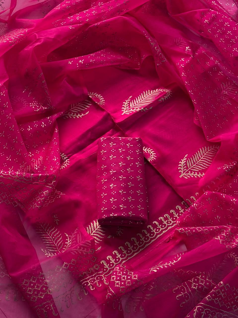 Elegant Gold Hand Block Printed Upada Silk with Organza Dupatta(BSUSCOD06)