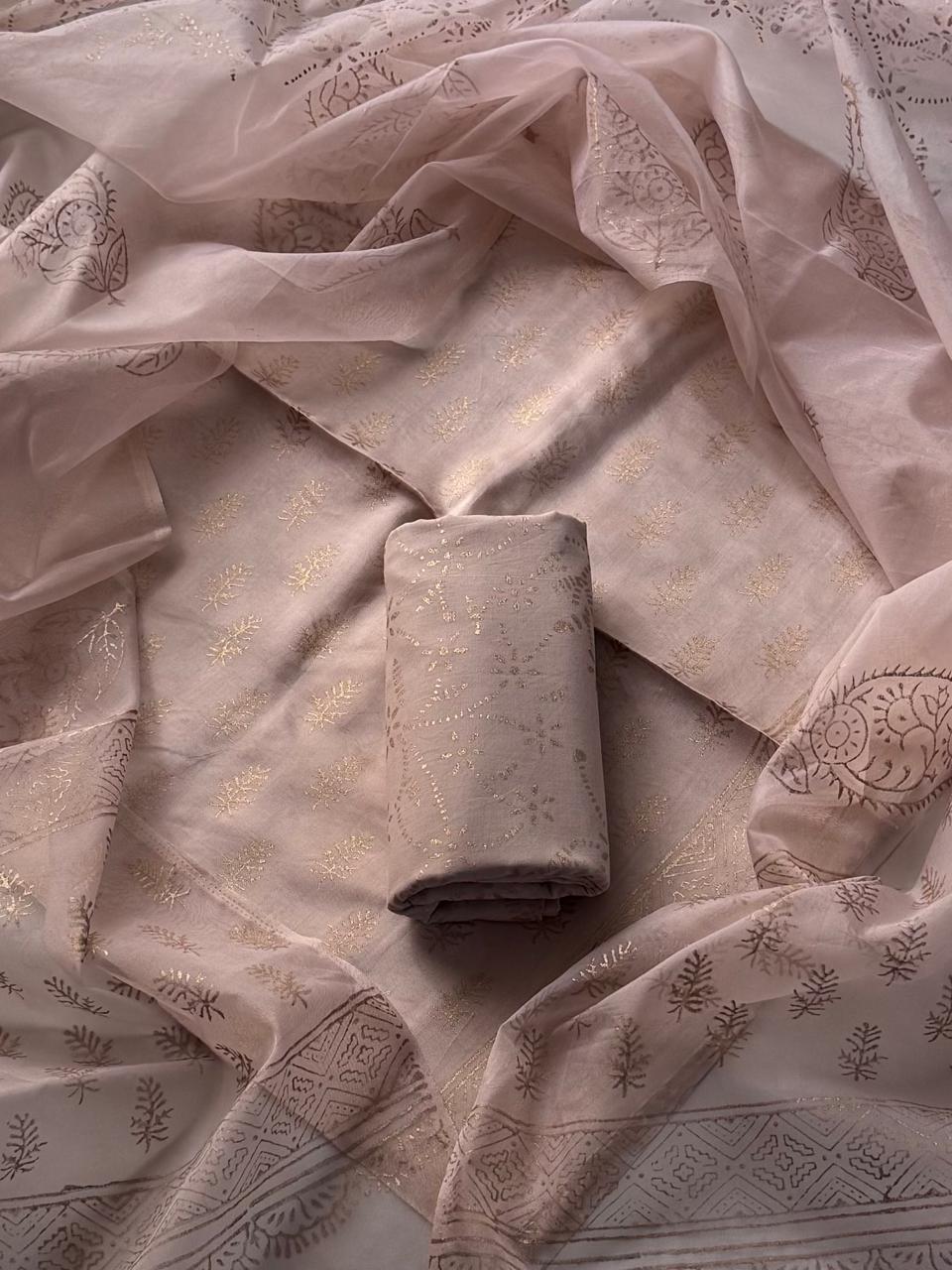 Luxury Hand Block Gold Print Upada Silk Suit with Organza Dupatta(BSUSCOD04)