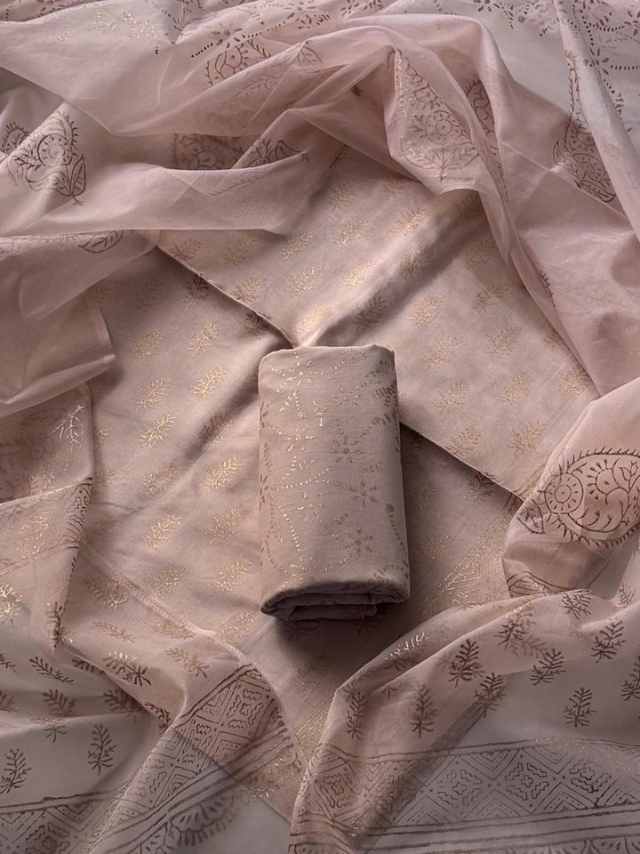 Luxury Hand Block Gold Print Upada Silk Suit with Organza Dupatta(BSUSCOD04)