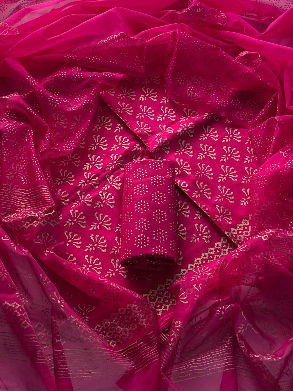 Premium Hand Block Gold Print Upada Silk Set with Organza Dupatta(BSUSCOD09)