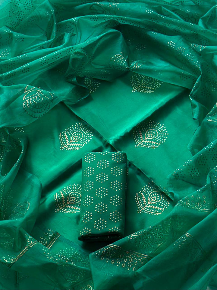 Premium Hand Block Gold Print Upada Silk Set with Organza Dupatta(BSUSCOD08)