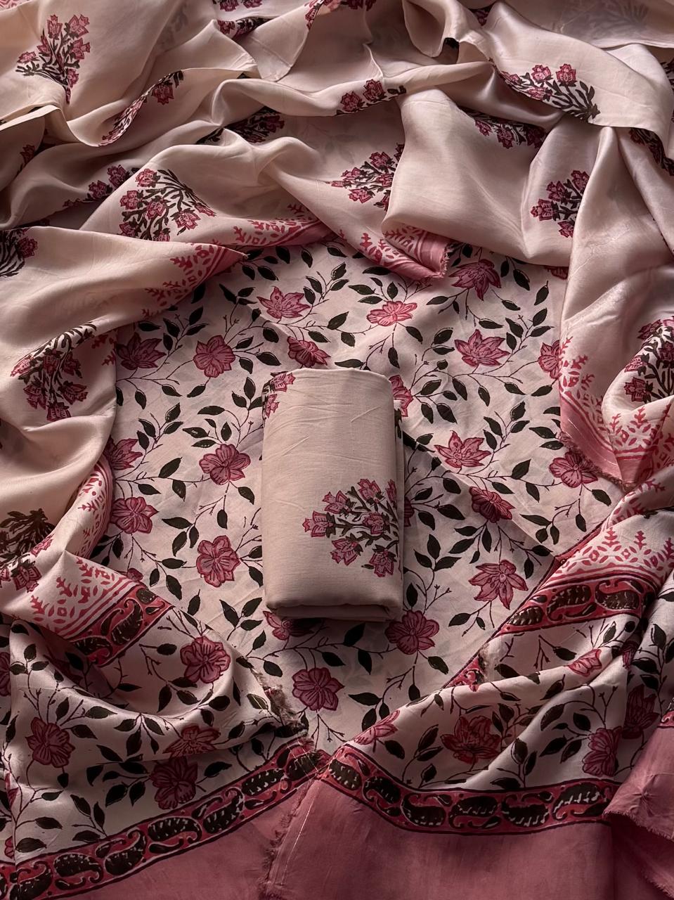Sanganeri Print Upada Silk Unstitched Suit Set with Upada Dupatta ( BSUSUD09 )