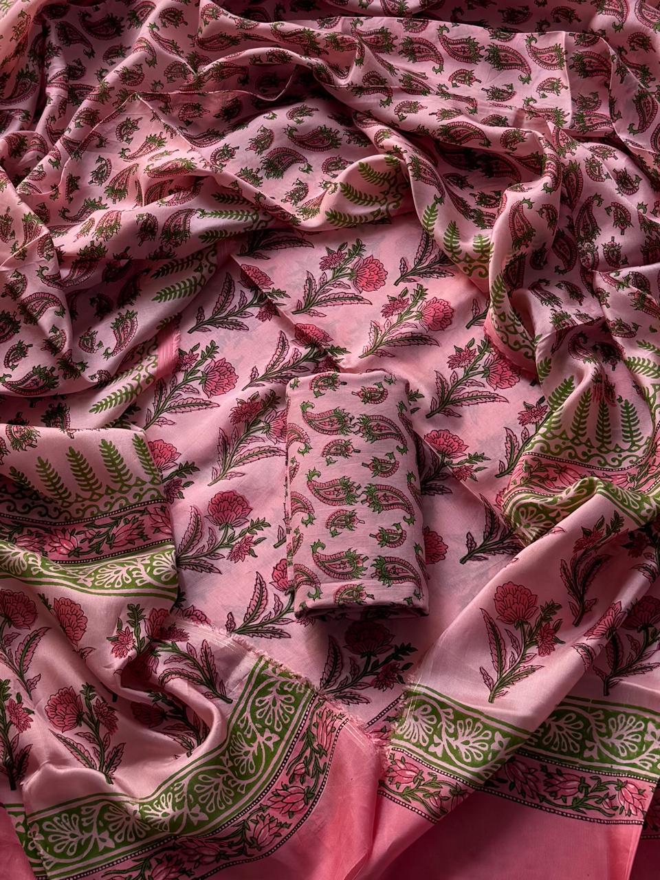 Sanganeri Print Upada Silk Unstitched Suit Set with Upada Dupatta ( BSUSUD10 )